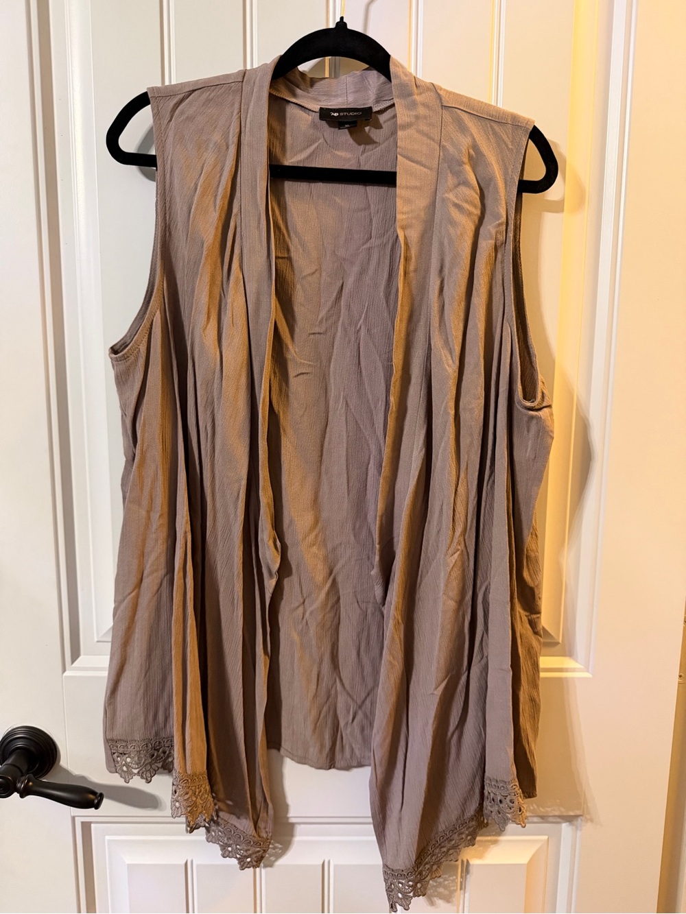 AB Studio Taupe Sleeveless Draped Open-Front Vest with Lace Trim